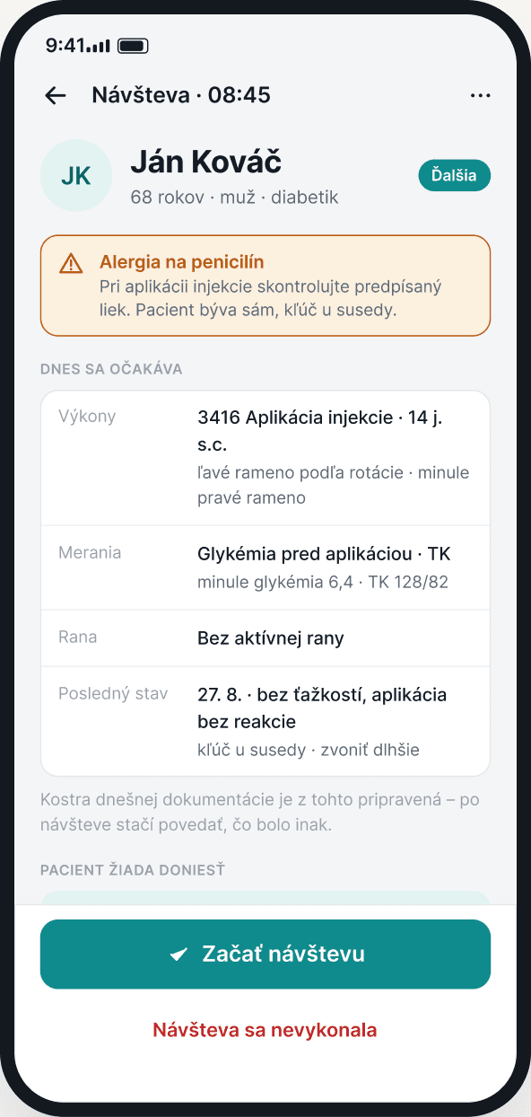 Koncept mobilnej aplikácie pre sestru: detail návštevy pacienta s plánom starostlivosti