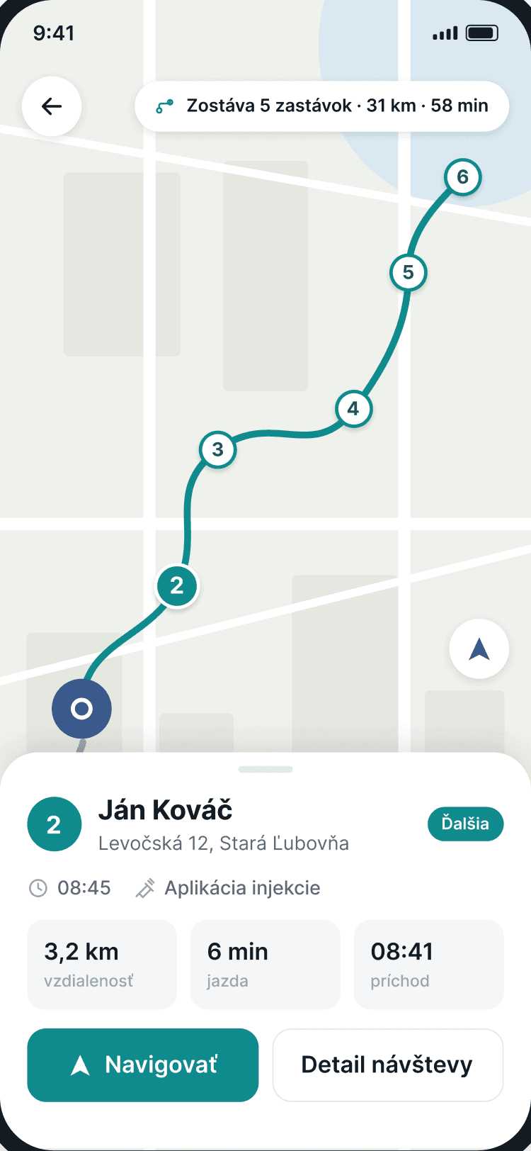Obrazovka mobilnej aplikácie: dnešný plán návštev s mapou trasy a ďalšou zastávkou