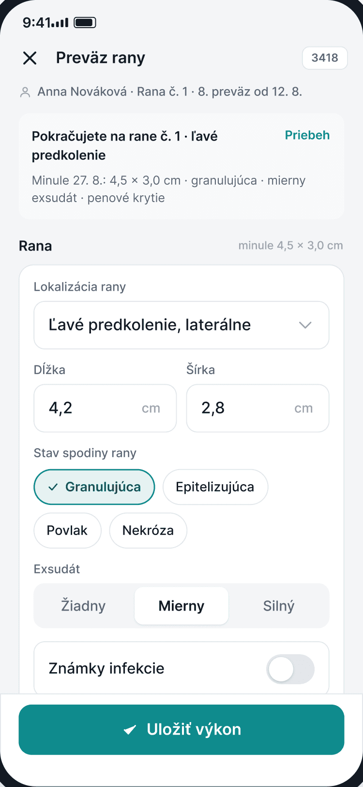 Obrazovka mobilnej aplikácie: dokumentácia rany s rozmermi, ošetrením a fotodokumentáciou